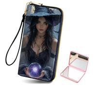 HJCYXJLK Women's Card Holder Wristlet Wallet, Convenient Travel Long Wallet with Strap and Pink Compact Mirror, Fashion and Sturdy Wristlet Long Purse for Women-L9, Witch with Purple Crystal Ball