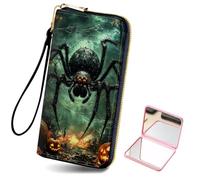 HJCYXJLK Women's Card Holder Wristlet Wallet, Convenient Travel Long Wallet with Strap and Pink Compact Mirror, Fashion and Sturdy Wristlet Long Purse for Women-L5, Giant Spider and Pumpkins, Modern