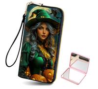 HJCYXJLK Women's Card Holder Wristlet Wallet, Convenient Travel Long Wallet with Strap and Pink Compact Mirror, Fashion and Sturdy Wristlet Long Purse for Women-L11, Green Witch & Pumpkins, Modern