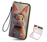 HJCYXJLK Women's Card Holder Wristlet Wallet, Convenient Travel Long Wallet with Strap and Pink Compact Mirror, Fashion and Sturdy Wristlet Long Purse for Women-L3, Flower Crown Bunny Bloom, Modern