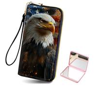 HJCYXJLK Women's Card Holder Wristlet Wallet, Convenient Travel Long Wallet with Strap and Pink Compact Mirror, Fashion and Sturdy Wristlet Long Purse for Women-L4, American Eagle Fireworks, Modern