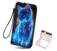 HJCYXJLK Women's Card Holder Wristlet Wallet, Convenient Travel Long Wallet with Strap and Pink Compact Mirror, Fashion and Sturdy Wristlet Long Purse for Women-L1, Neon Blue Kitten, Modern