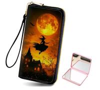 HJCYXJLK Women's Card Holder Wristlet Wallet, Convenient Travel Long Wallet with Strap and Pink Compact Mirror, Fashion and Sturdy Wristlet Long Purse for Women-L9, Witch's Flight, Modern