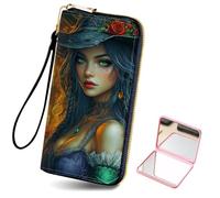 HJCYXJLK Women's Card Holder Wristlet Wallet, Convenient Travel Long Wallet with Strap and Pink Compact Mirror, Fashion and Sturdy Wristlet Long Purse for Women-L11, Enchanted Witch, Modern