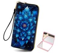 HJCYXJLK Women's Card Holder Wristlet Wallet, Convenient Travel Long Wallet with Strap and Pink Compact Mirror, Fashion and Sturdy Wristlet Long Purse for Women-L4, Cosmic Blue Lotus Mandala, Modern