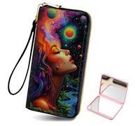 HJCYXJLK Women's Card Holder Wristlet Wallet, Convenient Travel Long Wallet with Strap and Pink Compact Mirror, Fashion and Sturdy Wristlet Long Purse for Women-L3, Cosmic Woman Dream, Modern