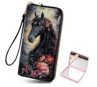 HJCYXJLK Women's Card Holder Wristlet Wallet, Convenient Travel Long Wallet with Strap and Pink Compact Mirror, Fashion and Sturdy Wristlet Long Purse for Women-L8, Floral Black Horse Dream, Modern