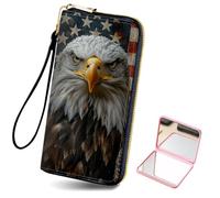 HJCYXJLK Women's Card Holder Wristlet Wallet, Convenient Travel Long Wallet with Strap and Pink Compact Mirror, Fashion and Sturdy Wristlet Long Purse for Women-L3, American Eagle Gaze, Modern