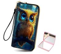 HJCYXJLK Women's Card Holder Wristlet Wallet, Convenient Travel Long Wallet with Strap and Pink Compact Mirror, Fashion and Sturdy Wristlet Long Purse for Women-L8, Starry-Eyed Owl, Modern