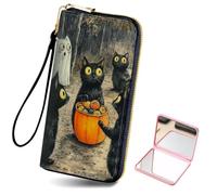 HJCYXJLK Women's Card Holder Wristlet Wallet, Convenient Travel Long Wallet with Strap and Pink Compact Mirror, Fashion and Sturdy Wristlet Long Purse for Women-L7, Cats Ghost, Modern