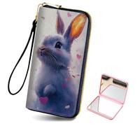 HJCYXJLK Women's Card Holder Wristlet Wallet, Convenient Travel Long Wallet with Strap and Pink Compact Mirror, Fashion and Sturdy Wristlet Long Purse for Women-L8, Heart Bunny Dream, Modern