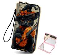HJCYXJLK Women's Card Holder Wristlet Wallet, Convenient Travel Long Wallet with Strap and Pink Compact Mirror, Fashion and Sturdy Wristlet Long Purse for Women-L3, Witch Cat Violin, Modern