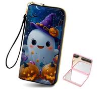 HJCYXJLK Women's Card Holder Wristlet Wallet, Convenient Travel Long Wallet with Strap and Pink Compact Mirror, Fashion and Sturdy Wristlet Long Purse for Women-L11, Hallowmas Ghost, Modern