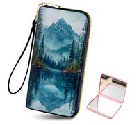 HJCYXJLK Women's Card Holder Wristlet Wallet, Convenient Travel Long Wallet with Strap and Pink Compact Mirror, Fashion and Sturdy Wristlet Long Purse for Women-L4, Misty Mountain Lake, Modern
