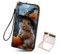 HJCYXJLK Women's Card Holder Wristlet Wallet, Convenient Travel Long Wallet with Strap and Pink Compact Mirror, Fashion and Sturdy Wristlet Long Purse for Women-L3, Witch Bunny Pumpkin, Modern