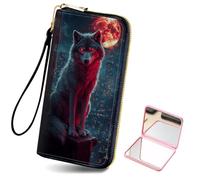 HJCYXJLK Women's Card Holder Wristlet Wallet, Convenient Travel Long Wallet with Strap and Pink Compact Mirror, Fashion and Sturdy Wristlet Long Purse for Women-L2, Neon Wolf Urban Moon, Modern