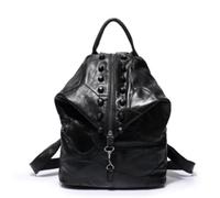 HJDMO Patchwork Genuine Leather Backpack For Women, Boho Travel Rucksack With Rivets, Colorblock Casual Daypack Shoulder Handbag, Black Multicolor