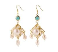 HJDMO Vintage Natural Pearl Glass Tassel Drop Earrings For Women Geometric Engraved Dangle Earrings Gold White Emerald Green Boho Ethnic Gift