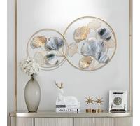 HJDSUDU Home Metal Round Wall Decor, Large Metal Ginkgo Leaves Wall Art, 40" Metal Floral Wall Decoration Sculpture, 3D Handmade Wall Sculpture with Gold Frame, for Living Room,Silver