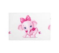 HJFCZH 6PCS Heat Resistant Placemats, Thick & Durable Polyester Dining Table Mats for Home Kitchen, Hotel, Banquet - Easy Wash Pink Elephant with A Bow Prints