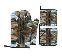 HJFCZH African Wild Animals Elephant Prints Kitchen Covers: Waterproof Oven Layers for Safe Cooking & Easy Cleanup - 4 Piece Heat Protection Set