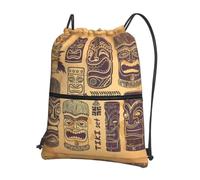 HJFCZH Aloha Tiki Pattern Prints Drawstring Zipper Backpack - Lightweight Gym Throw Bag with Front Pocket - Ideal for Travel & Yoga