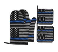 HJFCZH American Thin Blue Line Flag Oven Mitts and Pot Holders Set, Polyester, Black, 21 x 21 cm, 4 Pieces