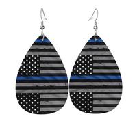 HJFCZH American Thin Blue Line Flag Prints Drip Earrings - Stylish Faux Leather Charms - Lightweight Dangling Jewelry for Women & Girls - Festive Holiday Accents