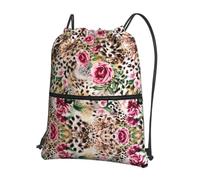 HJFCZH animal Tiger Leopard Print Rose Flower Prints Drawstring Zipper Backpack - Lightweight Sporty Throw Bag for Gym, Travel & Yoga - Durable Water-Resistant Design