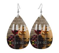HJFCZH Art Red Wine Galsses & Grapes Prints Teardrop Leather Earrings - Vibrant Dangle Earrings for Women, Lightweight Fashion Jewelry with Silver-Plated Hooks, Ideal for Parties & Gifts