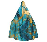 HJFCZH Azurite Teal and Foil Gold Oil Marble Pattern Pattern Halloween Adult Hooded Cape Super Large Hooded Cloak with Bow Tie, No Zipper