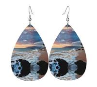 HJFCZH Beach Maui Hawaii Sunset Sea Waves Clouds Prints Teardrop Leather Earrings - Lightweight Dangles with Silver-Plated Hooks, Vivid Color & Hypoallergenic Design for Festive Occasions