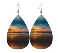HJFCZH Beach Wave Sunset Prints Teardrop Leather Earrings - Lightweight Dangle Earrings for Women, Vivid Color Faux Leather Drops with Silver Plated Hooks, Stylish Jewelry