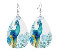 HJFCZH Beautiful Peacock and Floral Prints Teardrop Leather Earrings - Lightweight Dangles with Silver-Plated Hooks, Vivid Color & Hypoallergenic Design for Festive Occasions