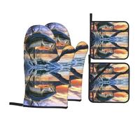 HJFCZH Big Fish Prints Kitchen Throw Set: Durable Oven Layers with Waterproof Polyester - 4 Piece Heat Protection System