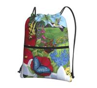 HJFCZH bird Butterfly Flower Prints Drawstring Zipper Backpack - Lightweight Sporty Throw Bag for Gym, Travel & Yoga - Durable Water-Resistant Design
