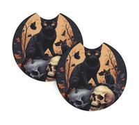 HJFCZH Black Cat On Skull Prints Cute Car Coasters Set of 2 - Waterproof Cup Holder Protectors for Cars, Trucks & SUVs