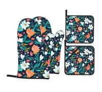 HJFCZH Blooming Flowers Prints Oven Mitts & Pot Holders Set - Waterproof Kitchen Throw & Heat Resistant Layers - Durable Covers for Cooking, Baking & BBQ