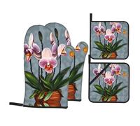 HJFCZH Blooming Orchids Prints Oven Mitts & Pot Holders Set - Waterproof Kitchen Throw & Heat Resistant Layers - Durable Covers for Cooking, Baking & BBQ