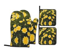 HJFCZH Blooming Yellow Flower Prints Oven Mitts & Pot Holders Set - Waterproof Kitchen Throw & Heat Resistant Layers - Durable Covers for Cooking, Baking & BBQ