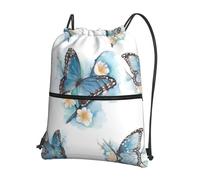 HJFCZH Blue Butterfly On Blossom Flo Prints Drawstring Zipper Backpack - Lightweight Water-Resistant Gym Bag for Travel, Sports & Yoga - Durable Foldable Cover with Front Pocket
