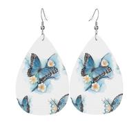 HJFCZH Blue Butterfly On Blossom Flo Prints Teardrop Leather Earrings - Lightweight Dangle Earrings for Women, Vivid Color Faux Leather Drops with Silver Plated Hooks, Stylish Jewelry