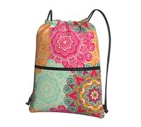 HJFCZH Boho Mandala Colorful Flowers Prints Drawstring Zipper Backpack - Lightweight Gym Throw Bag with Front Pocket - Ideal for Travel & Yoga