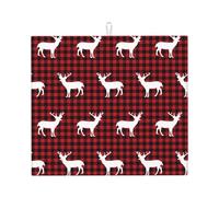 HJFCZH Buffalo Plaid Deer Prints Kitchen Drying Mat - Absorbent Microfiber Throw for Dishes, Non-Slip Counter Cover, Quick-Drying Layer with Fade-Resistant Print