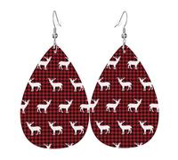 HJFCZH Buffalo Plaid Deer Prints Teardrop Leather Earrings - Lightweight Dangles with Silver-Plated Hooks, Vivid Color & Hypoallergenic Design for Festive Occasions