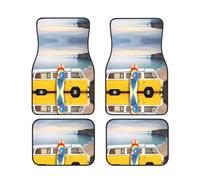 HJFCZH Car Foot Mat set Of 4 Pieces - Durable Neoprene Floor Liners | For Auto Interior Vintage Van In The Beach With A Surfboard Pattern