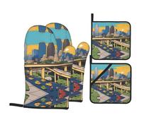 HJFCZH Cartoon Austin Texas Prints Oven Mitts & Pot Holders Set - Waterproof Kitchen Throw & Heat Resistant Layers - Durable Covers for Cooking, Baking & BBQ