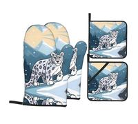 HJFCZH Cartoon Snow Leopard Prints Oven Mitts & Pot Holders Set - Waterproof Kitchen Throw & Heat Resistant Layers - Durable Covers for Cooking, Baking & BBQ
