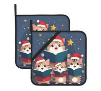 HJFCZH Cat Sings Christmas Carols Printed Square Insulated Pot Mat Set (2-Piece) 8x8in Waterproof, Thickened & Easy to Clean with Lanyard Design for Kitchen, Oven & BBQ