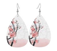 HJFCZH Cherry Blossom Tree Branch Prints Teardrop Leather Earrings - Lightweight Dangles with Silver-Plated Hooks, Vivid Color & Hypoallergenic Design for Festive Occasions